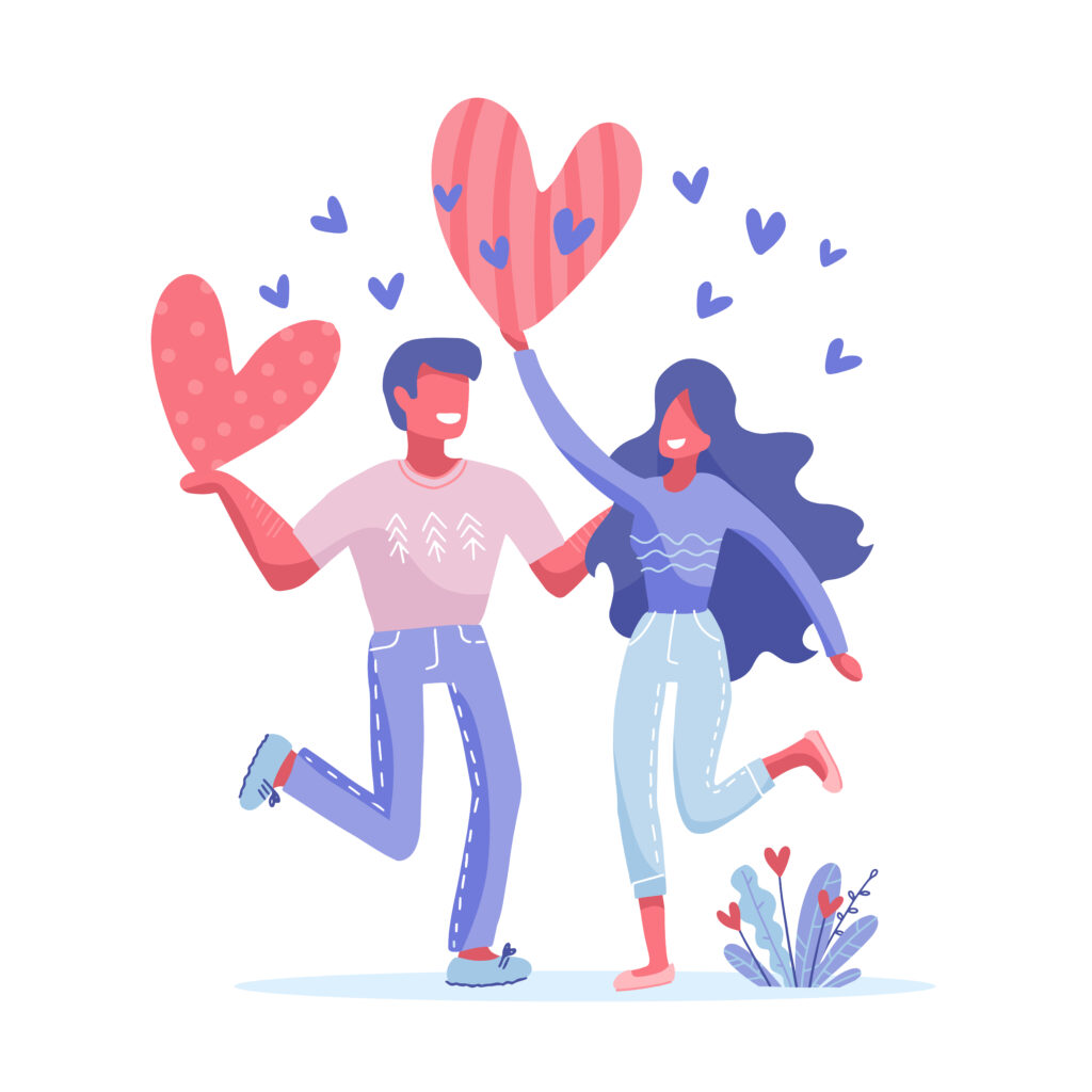 Happy Valentine's day concept with couple characters. People falling in love holding big heart above their heads. Flat vector illustration for poster, card, web banner or landing page