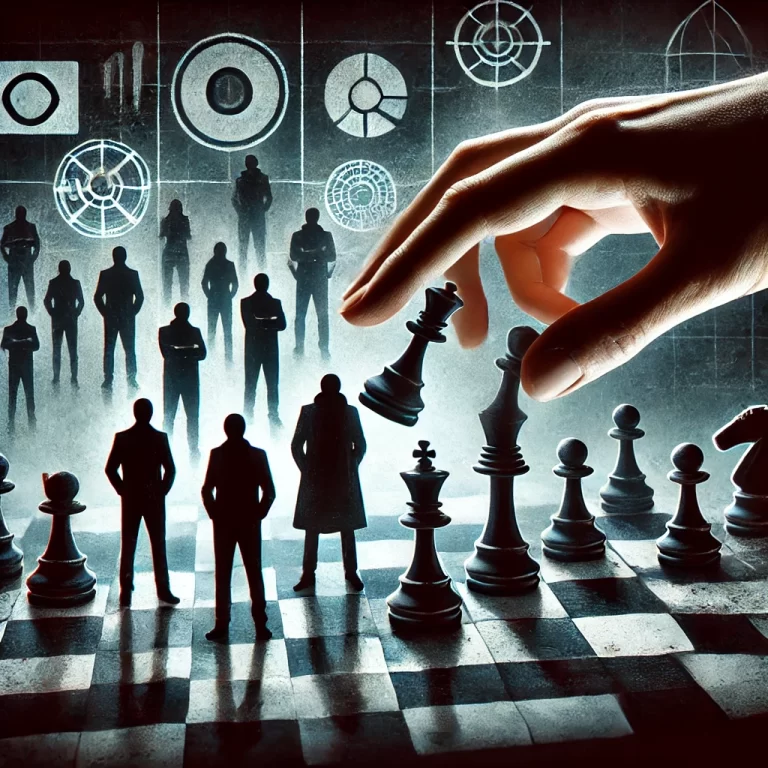 A symbolic illustration of manipulation and strategy using a chessboard with human figures as chess pieces. A shadowy hand moves the pieces, represent