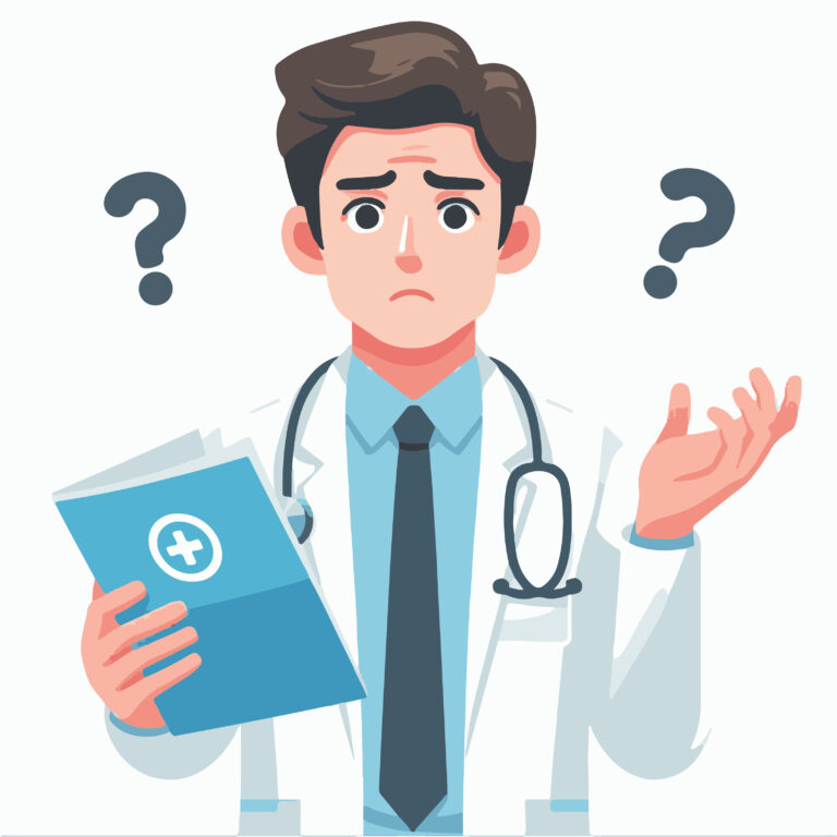 Lékař stojící mezi vědou a ideologií – symbol střetu mezi medicínou založenou na důkazech a ideologickým tlakem.